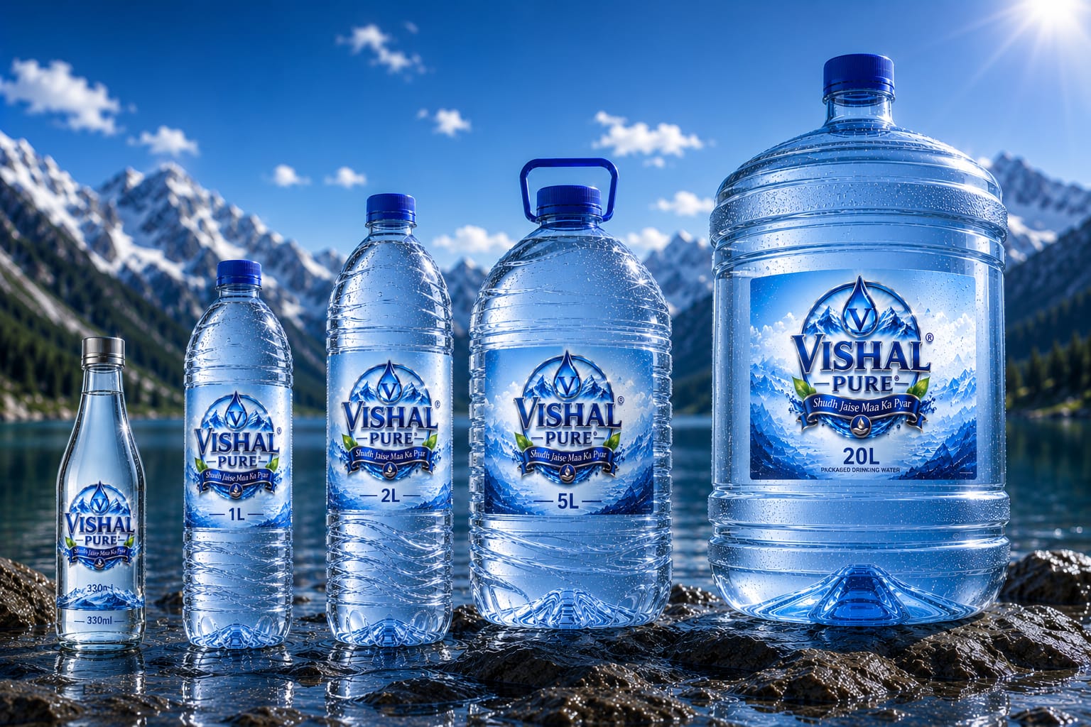 Vishal Pure water bottles range — 600ml, 1L, 2L, 5L, 20L and Premium Glass